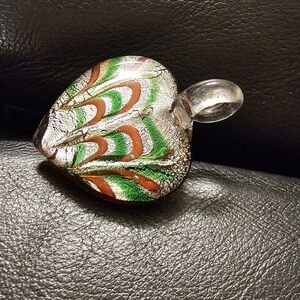 Artistan Heart Glass Pendant Red, Orange, Green & Silver Iridescent Design EUC
